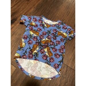 Kids LuLaRoe Gracie Disney Belle Rose Print Short Sleeve Shirt Size 2